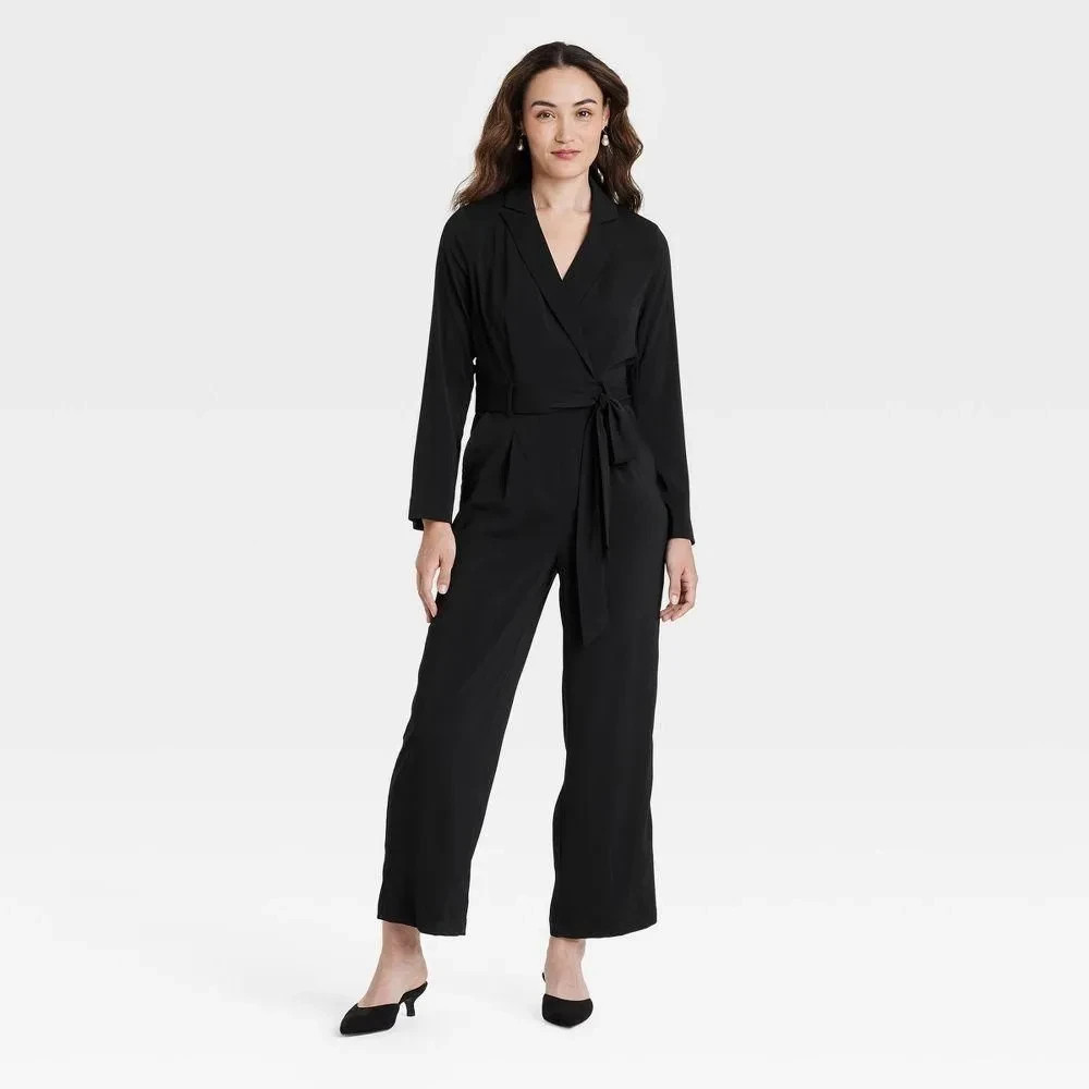 Top. Women’s Long Sleeve Wrap Front Jumpsuit – A New Day Black M
