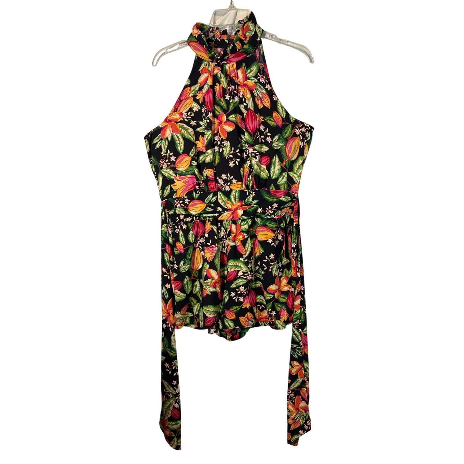 Nicole Miller New York Tropical Floral Halter Romper Black Pink Green Small