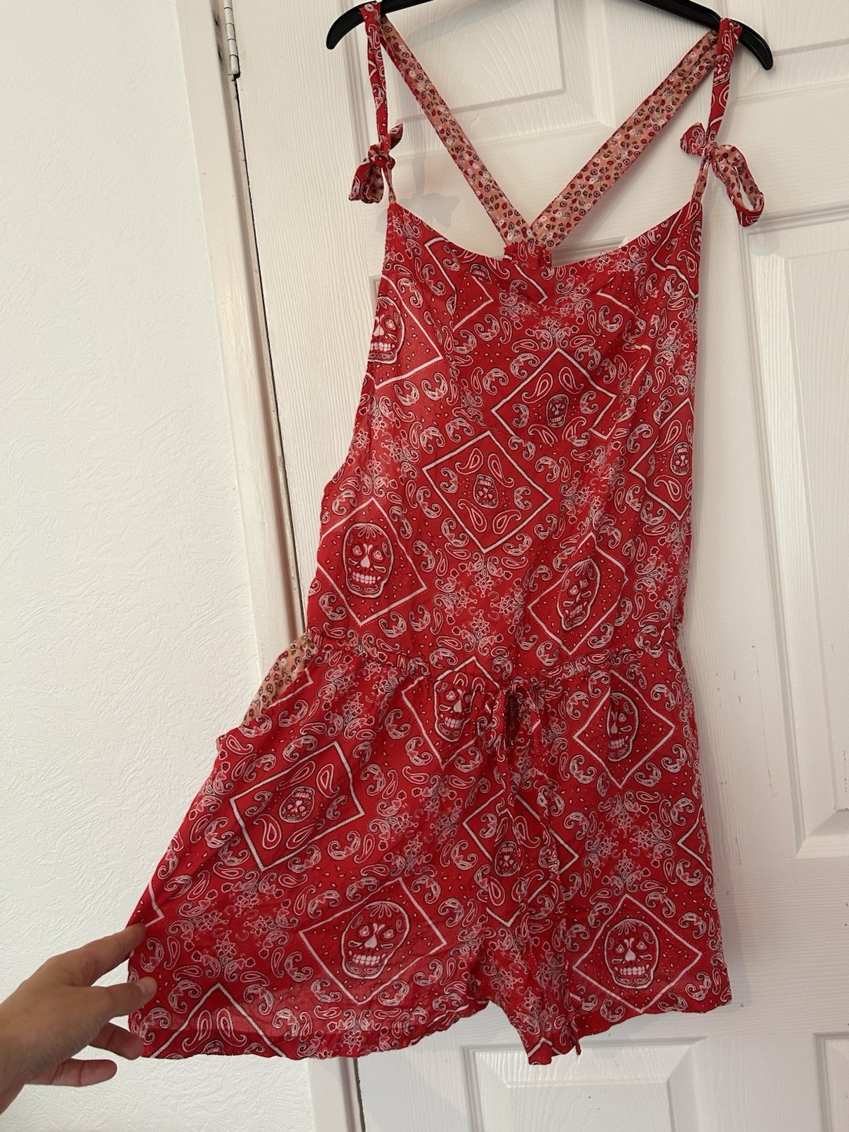 Romper Playsuit Oversized bandana skulls print adjustable tie straps 5 pockets L