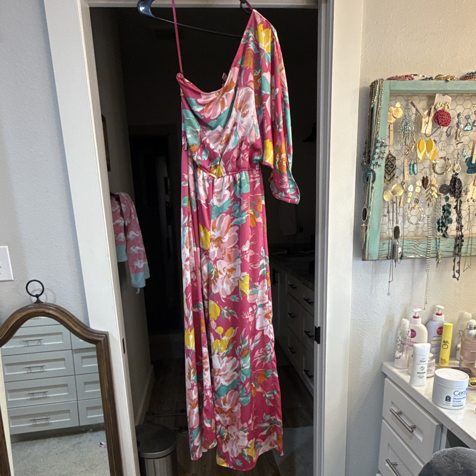 She + Sky Women’s Floral One-Shoulder Long Sleeve Jumpsuit Pink Multi S