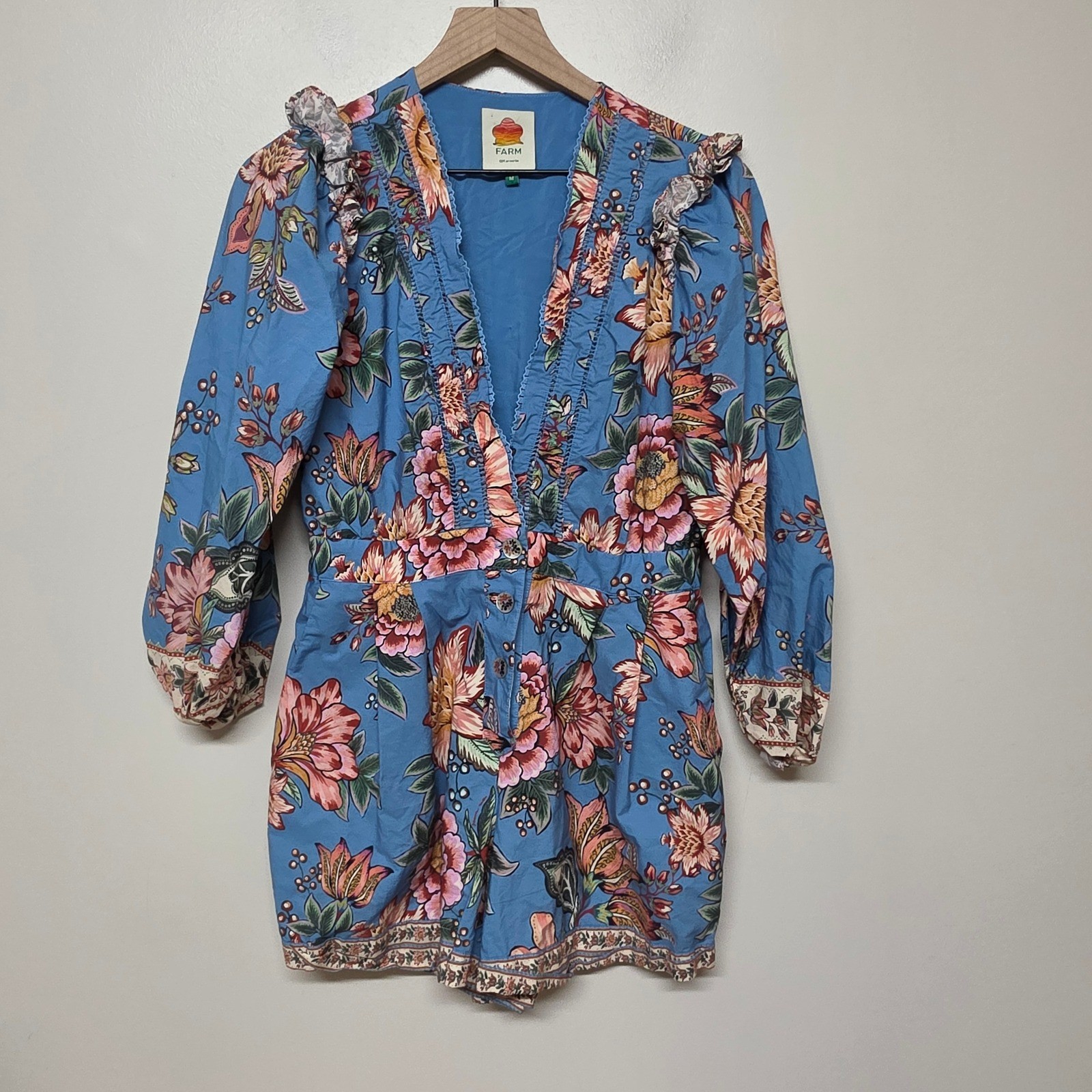 Farm Rio Wonderful Bouquet Blue Floral Ruffle Long Sleeve Romper V-Neck Sz Med