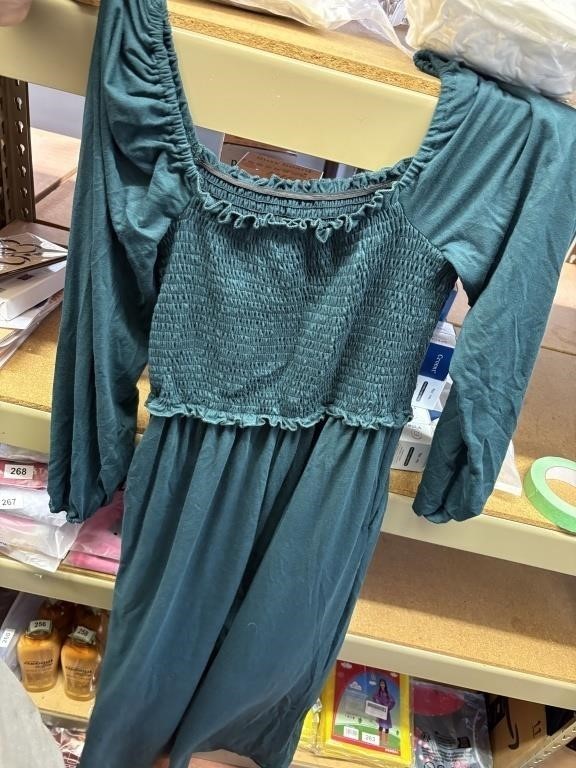 Tanou green Long Sleeve One Piece Smocked Square Neck Jumpsuit MED VERY SOFT NWT