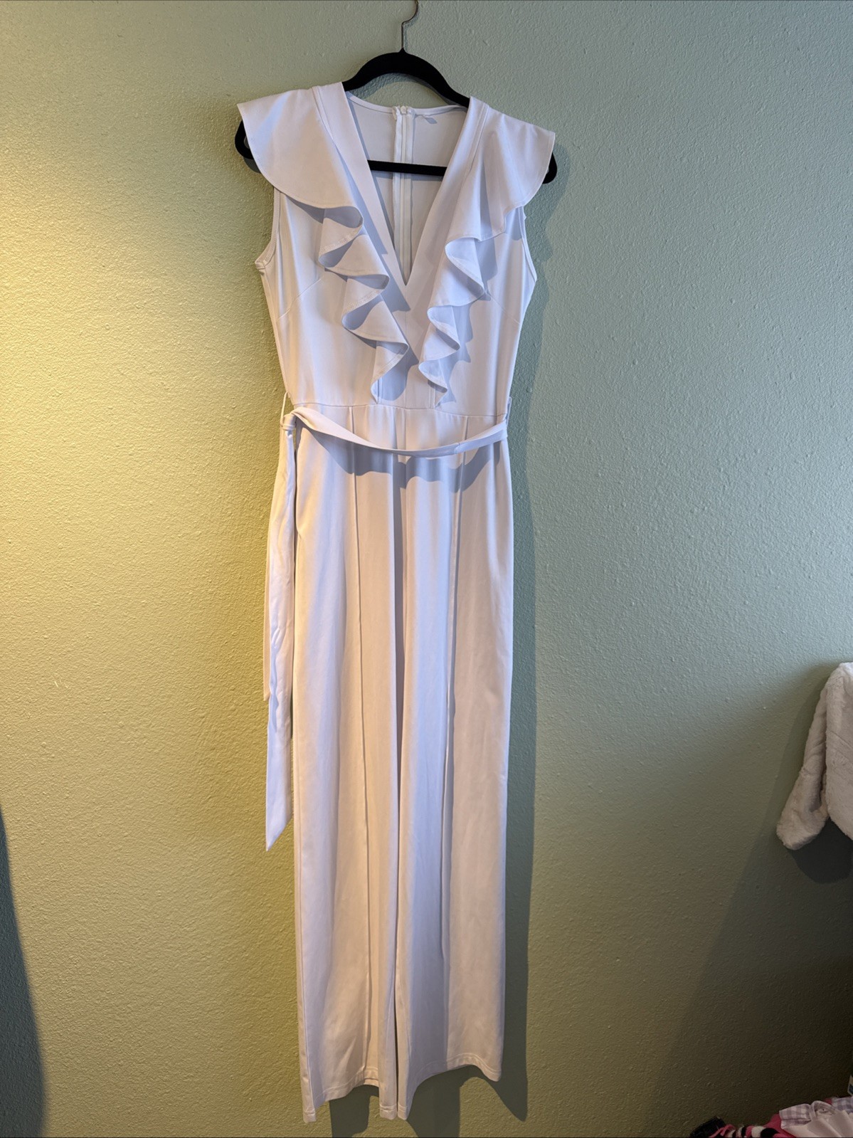 White Crepe Ruffle Flutter Wide Leg Jumpsuit Angelcore, Fairy, Winter White Sz L