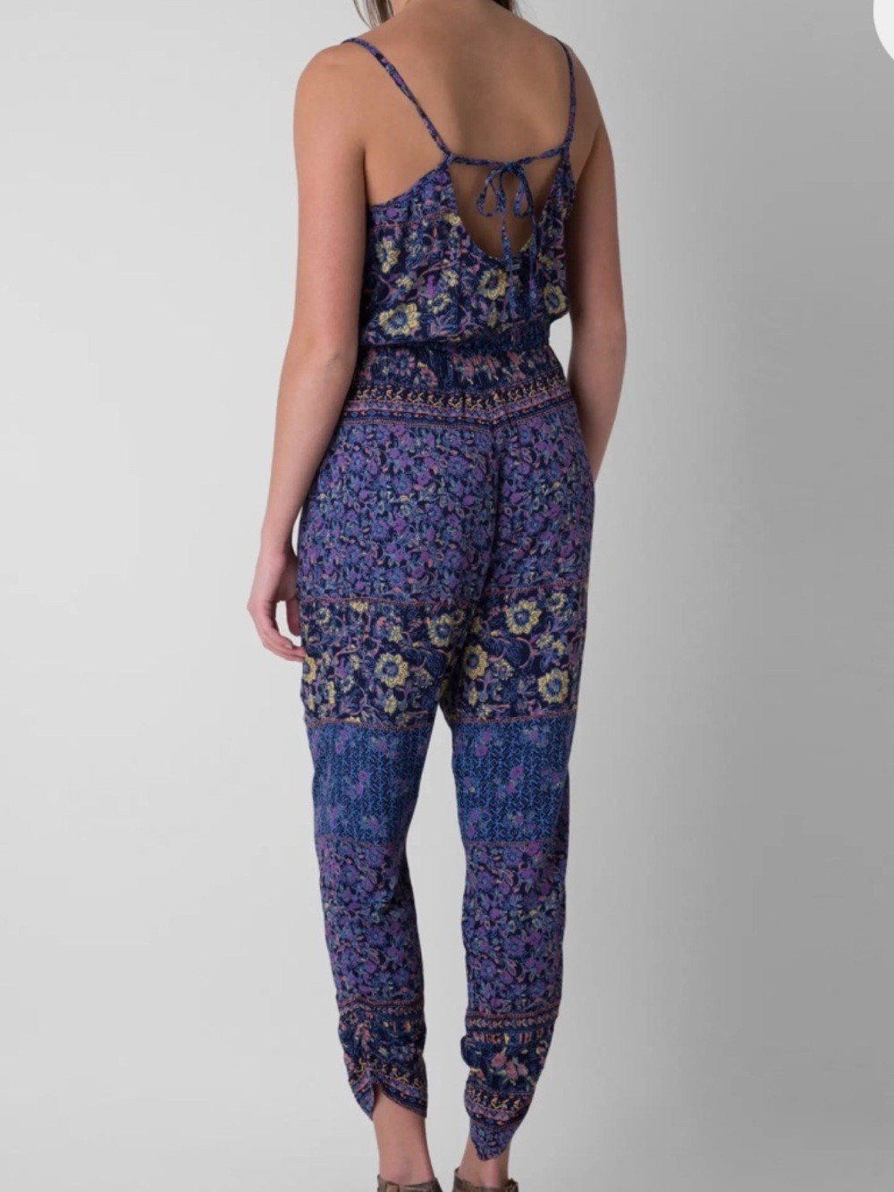 NWT Billabong Take Me Away Jumpsuit Blue Floral V-Neck Large Boho Hippie Summer