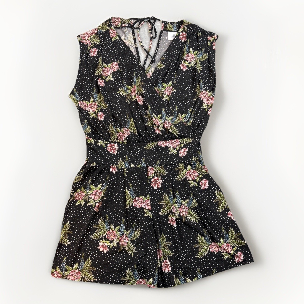 CAbi Romper Shorts Women’s M Black Floral Faux wrap smocked waist Style 5608