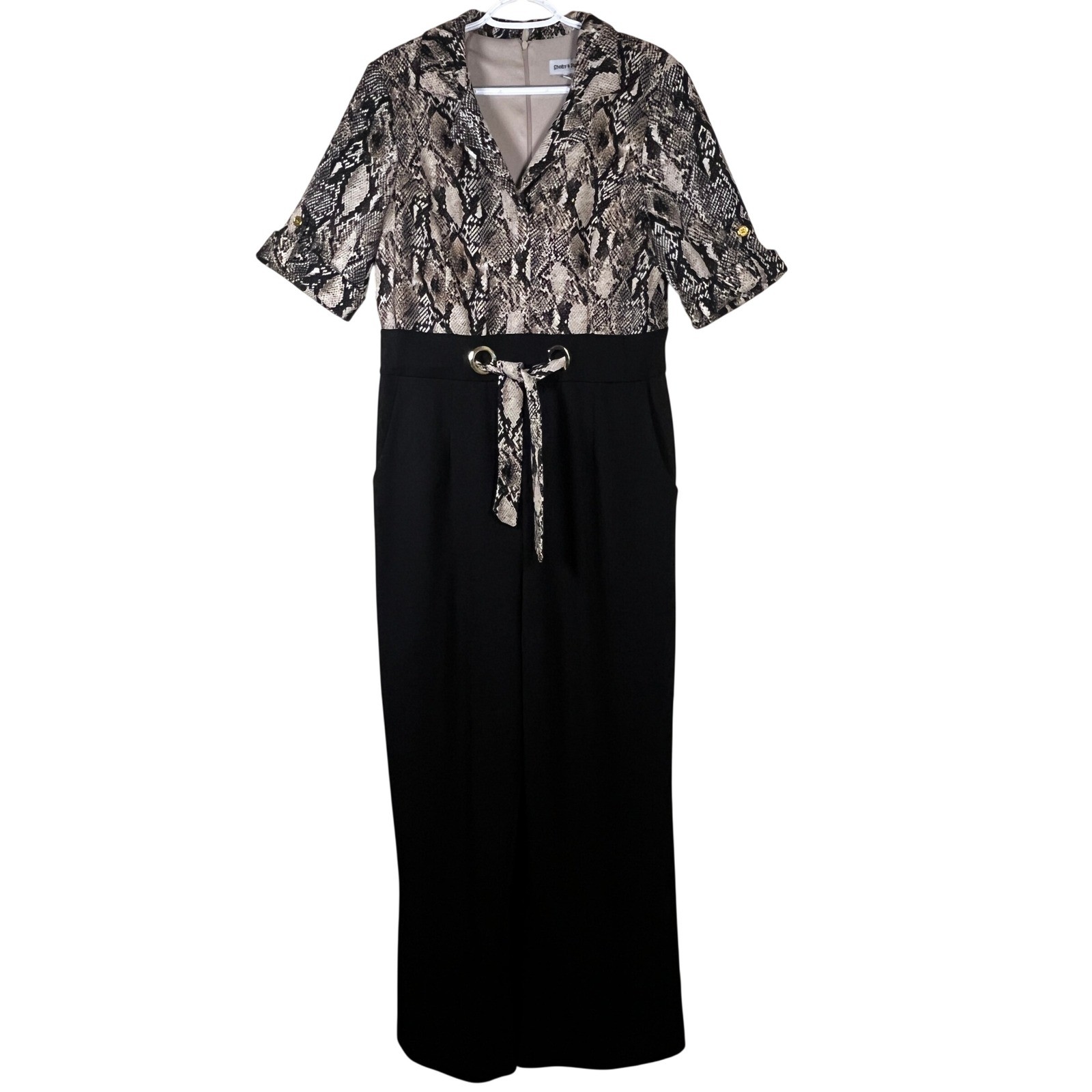 Shelby & Palmer Snakeskin Print Wide Leg Jumpsuit Black Tan 14 Mob Wife Evening