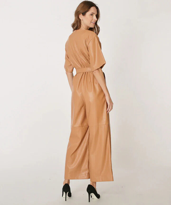 Beige Real Soft Lambskin Leather Jumpsuit Belted Handmade Stylish Party Designer