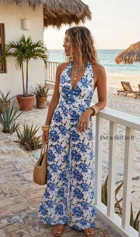 USA New Boho Women’s Sexy Blue White Floral Halter Tall Jumpsuit Jumper S M L