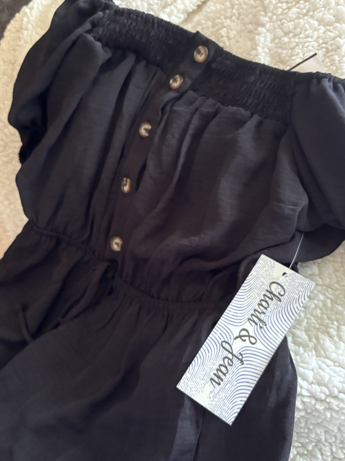 Charli & Jean Black Off Shoulder Wide Leg Jumpsuit Puff Sleeve Women’s M NWT