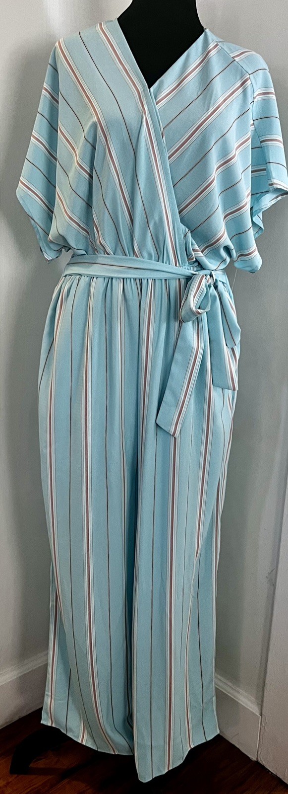 Kori America Women’s Stripped Wrap Jumpsuit Belted Two Pockets Size M
