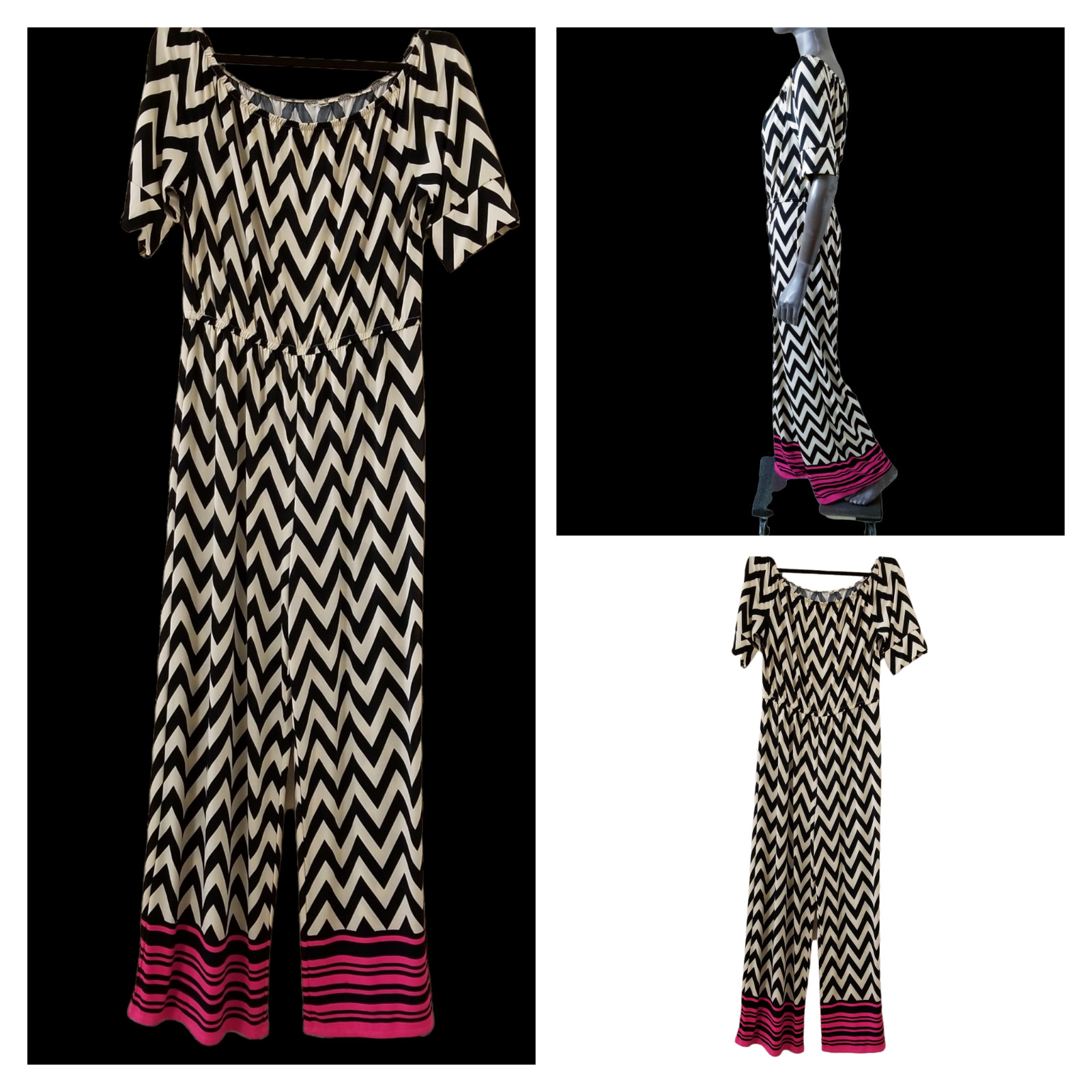 TACERA Womens Beige Black Hot Pink Chevron Off Shoulder Palazzo Jumpsuit XL