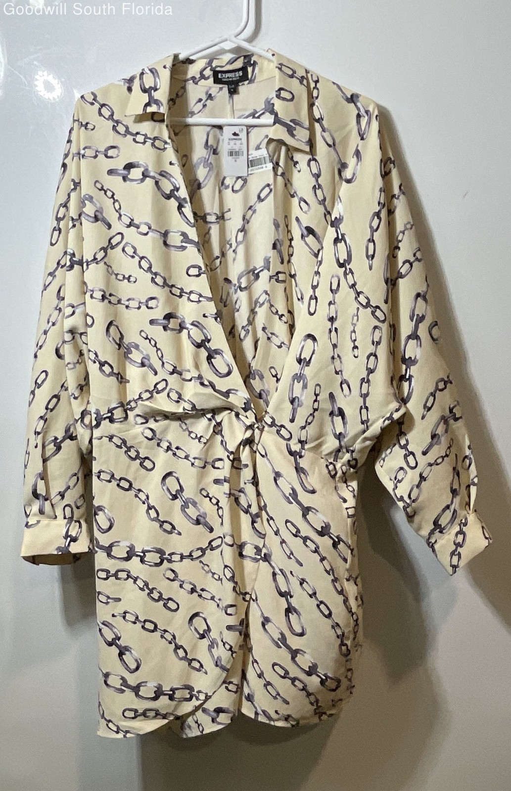 Express Womens Beige Chain Printed Long Sleeve One-Piece Romper Size XL With Tag