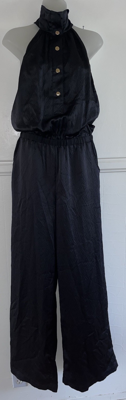 Sunner 100% Silk Crepe High Neck Black Gold Button Wide Leg Halter Jumpsuit-Sz M