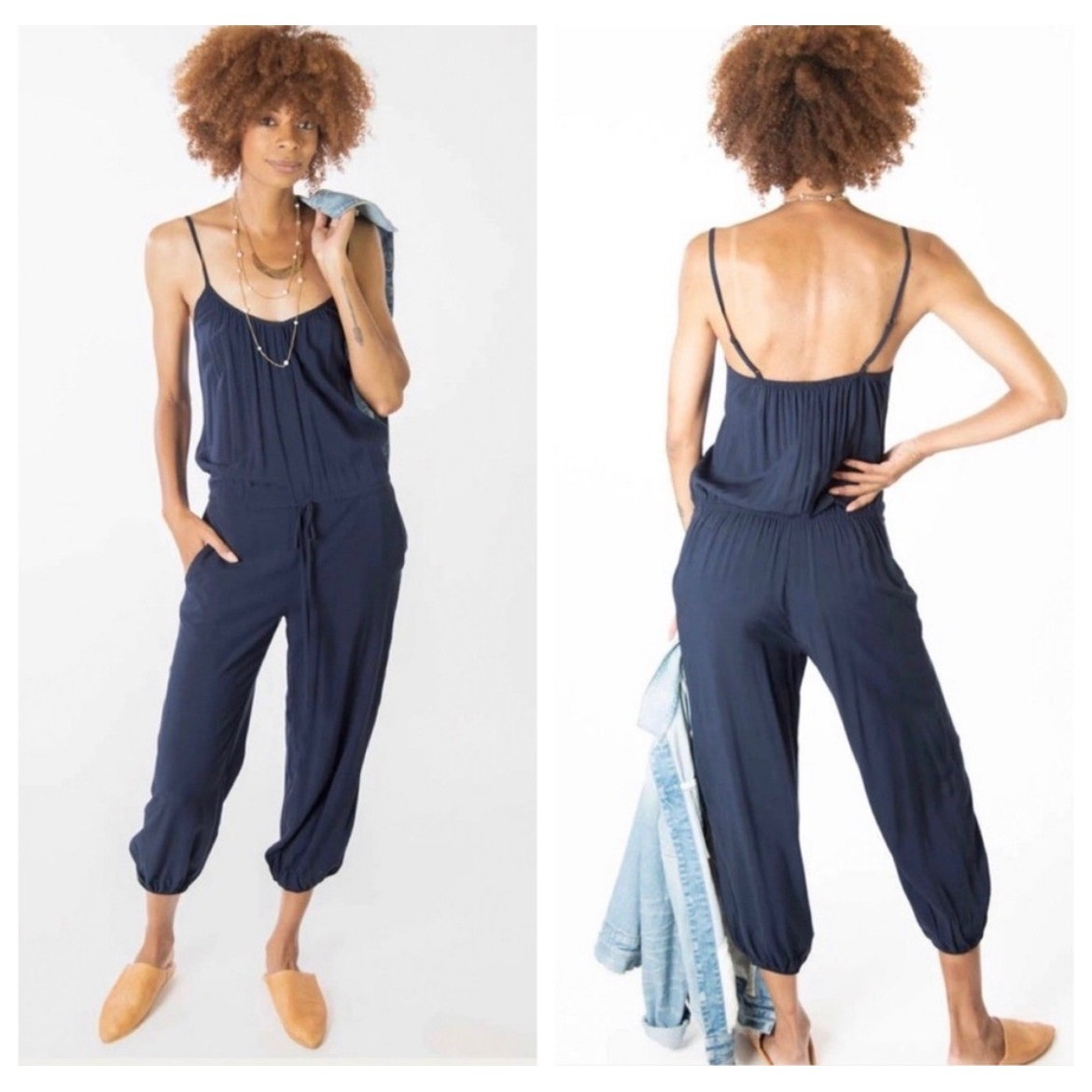TYSA Jumpsuit Claudette 0 Navy Blue Spaghetti Strap Drawstring Waist Boho Chic