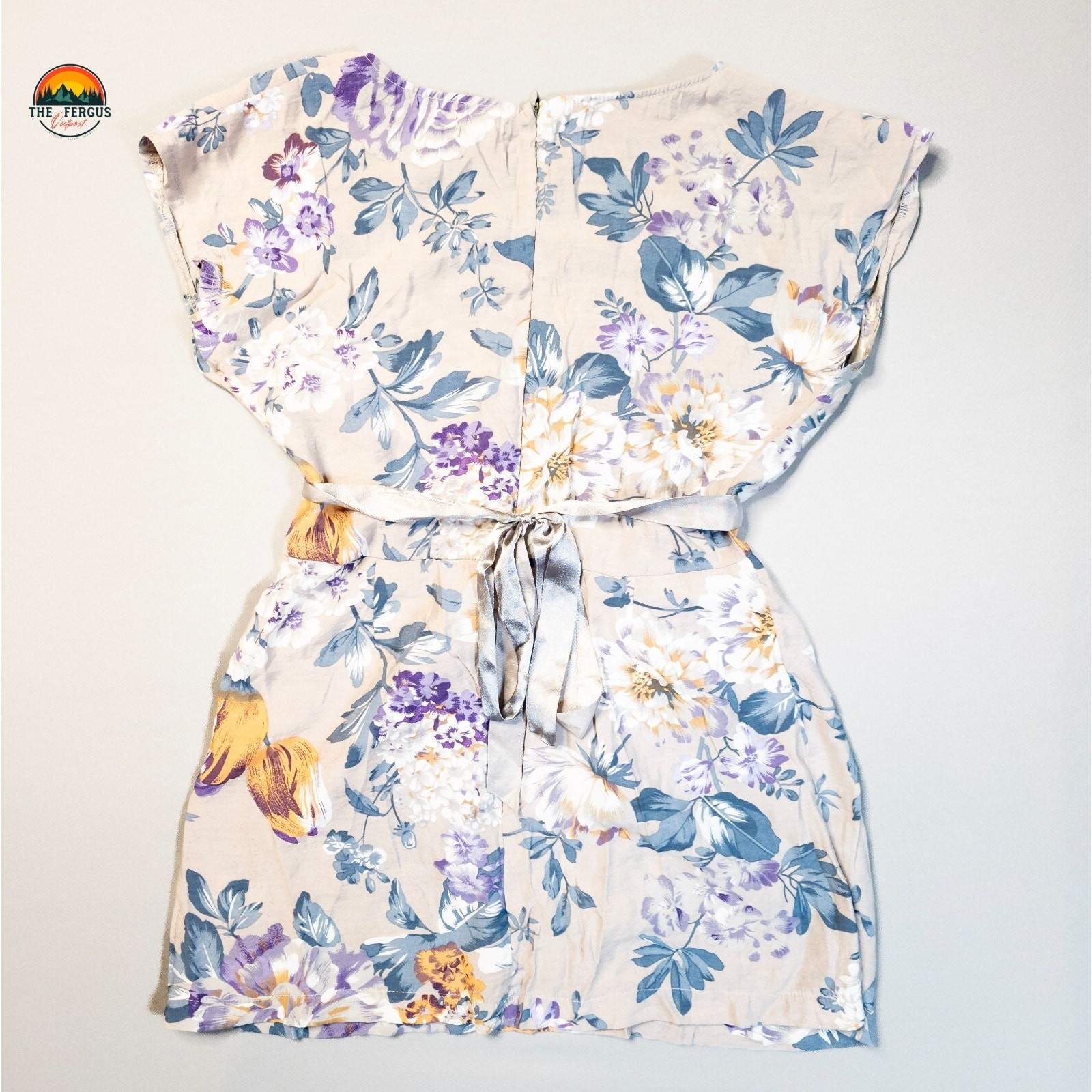 Blue Bird One-Piece Romper Cream Blue Lavender Floral Back Zip Women’s Size S
