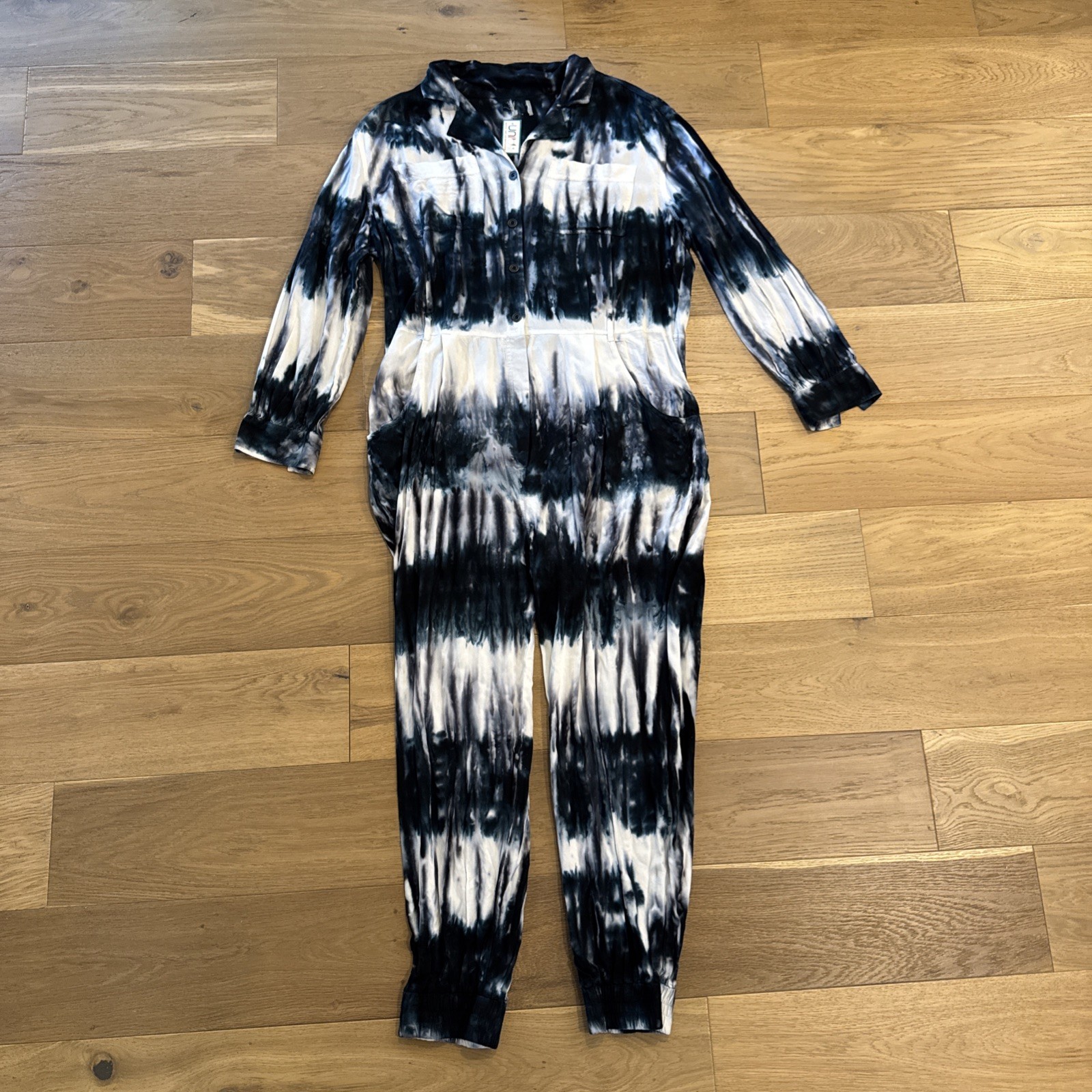 ASOS Tie Dye Utility Jumpsuit Long Sleeve Blue Black White Pockets Belt Loops L