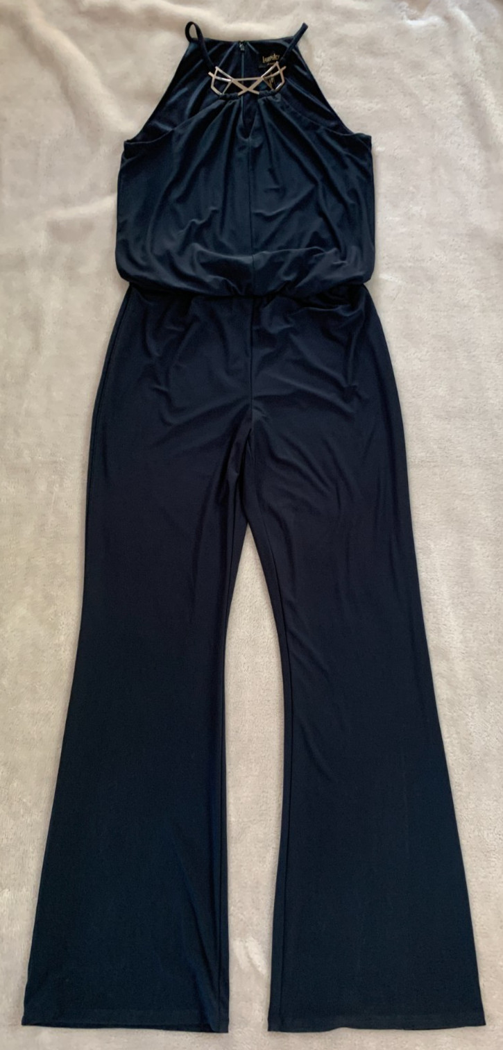 Laundry by Shelli Segal Halter Jumpsuit Geometric Silver Metal Neck Size 4 Long