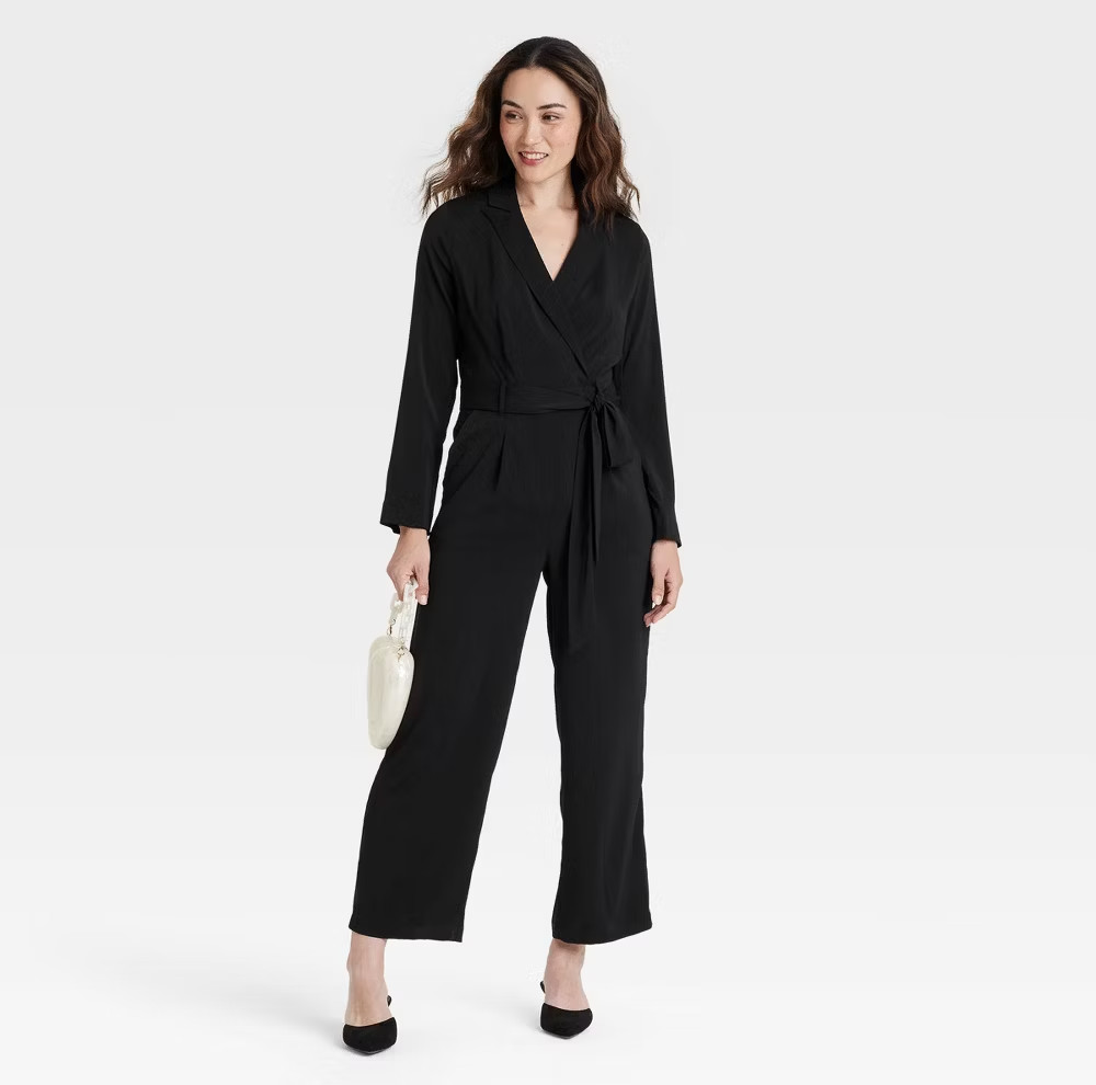 A New Day Women’s Long Sleeve Wrap Front Jumpsuit Black Size Small