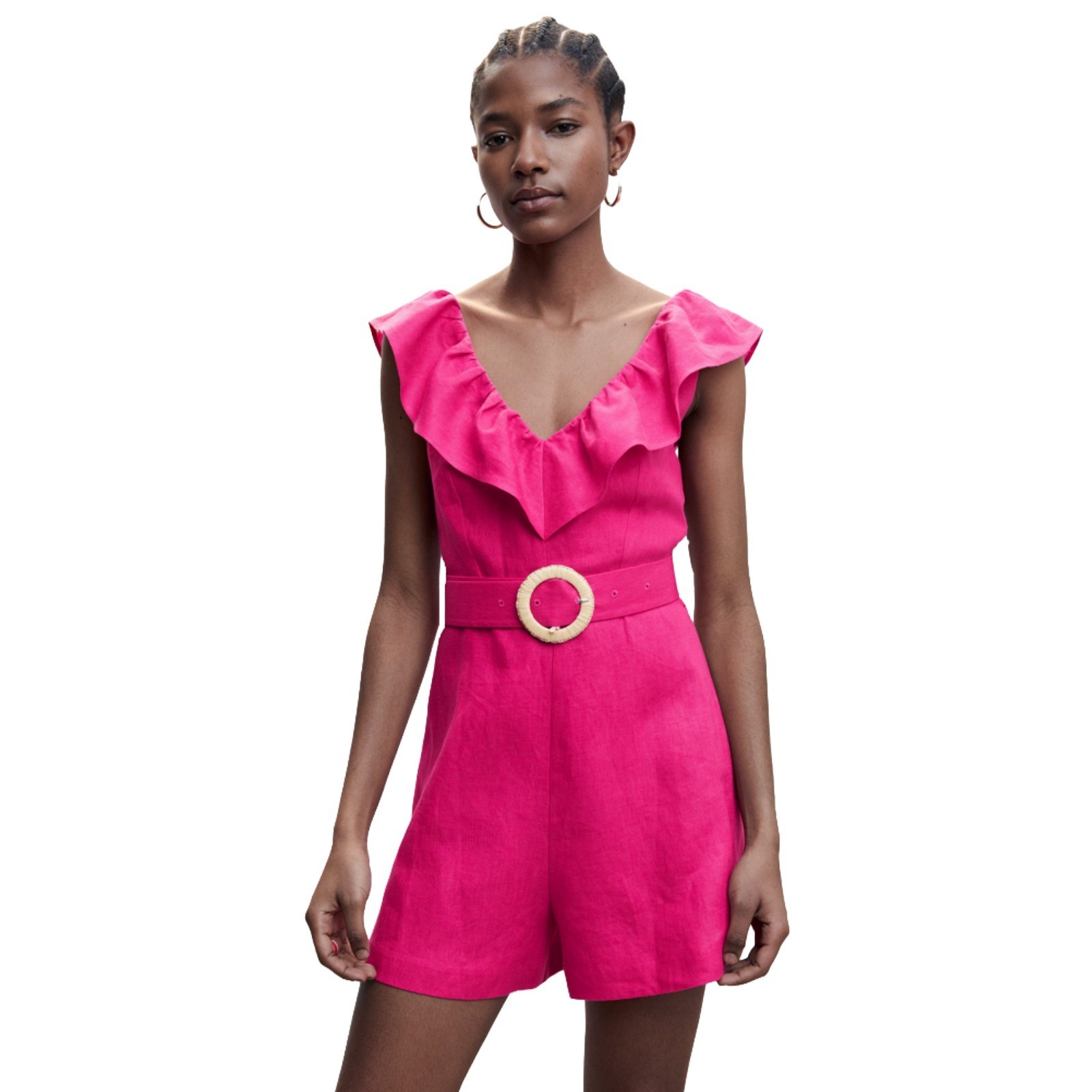 Mango Belted Linen Romper | Fuchsia | Large