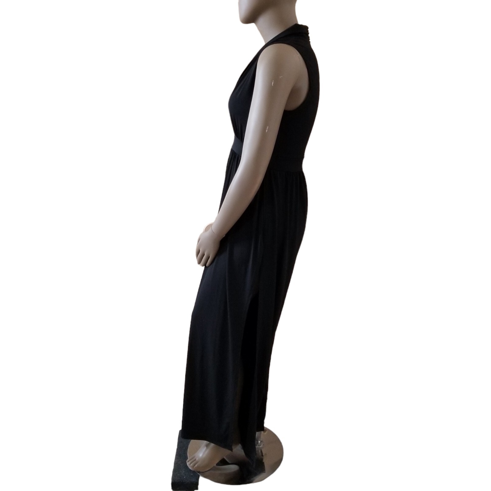 FASHION LOVE Plunge V-Neck Sleeveless Full Side Slit Palazzo Jumpsuit 1X Black