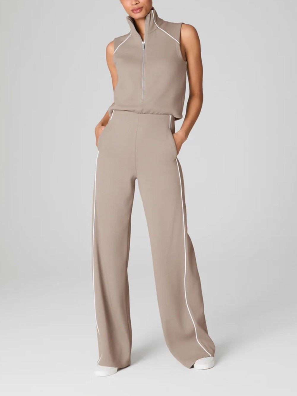 SPANX AirEssentials Pique Sleeveless Jumpsuit Ashwood Beige Taupe Size XL $148