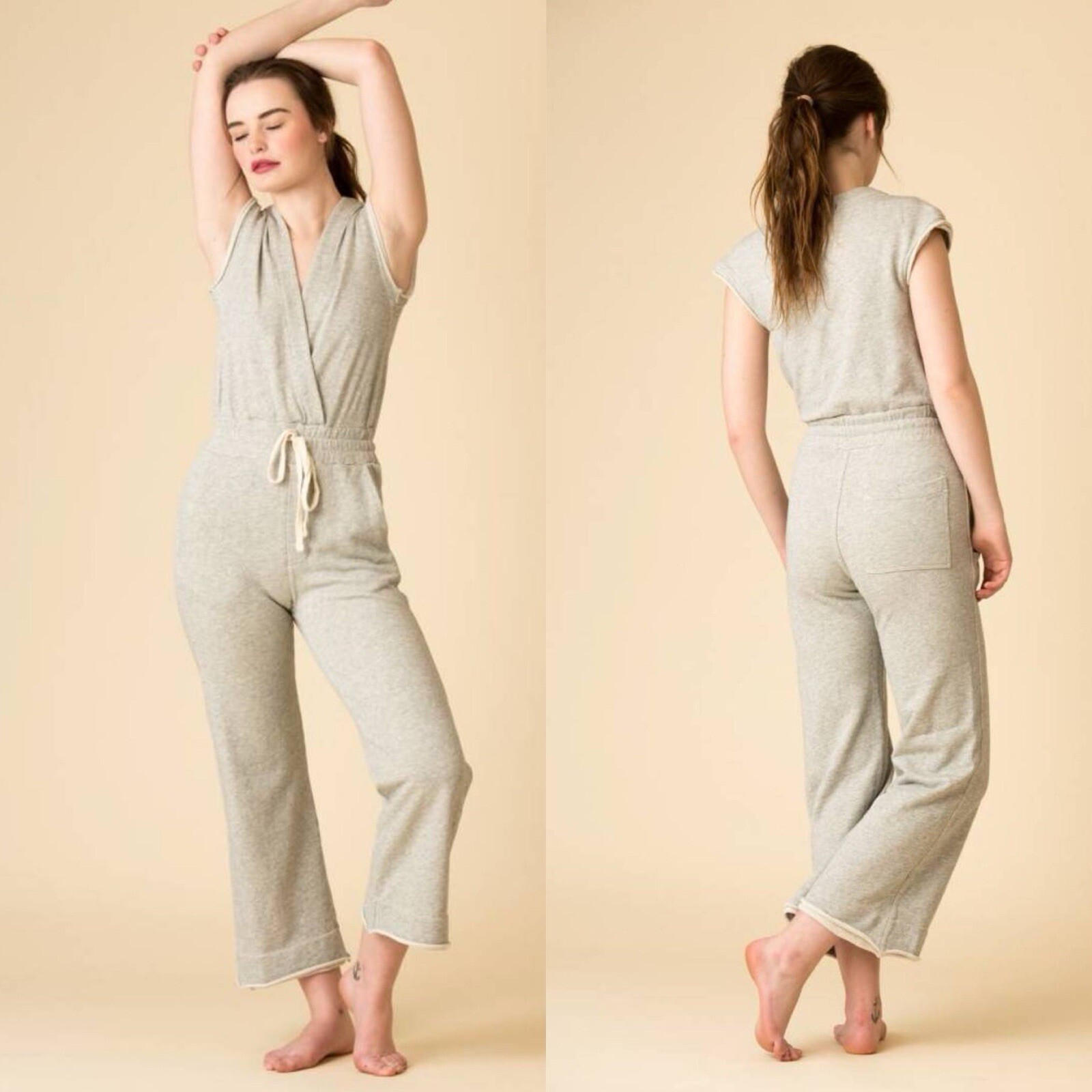 Amo French Terry Jumpsuit L Gray Sleeveless Wide Leg Ankle Crop Romper Cottage