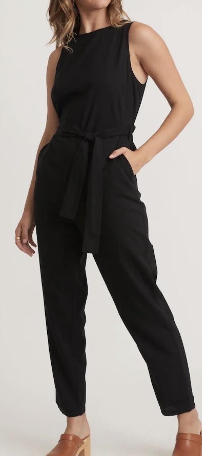 Marine Layer Eloise Jumpsuit Womens Small Black Wrap Back Tie Waist Pockets