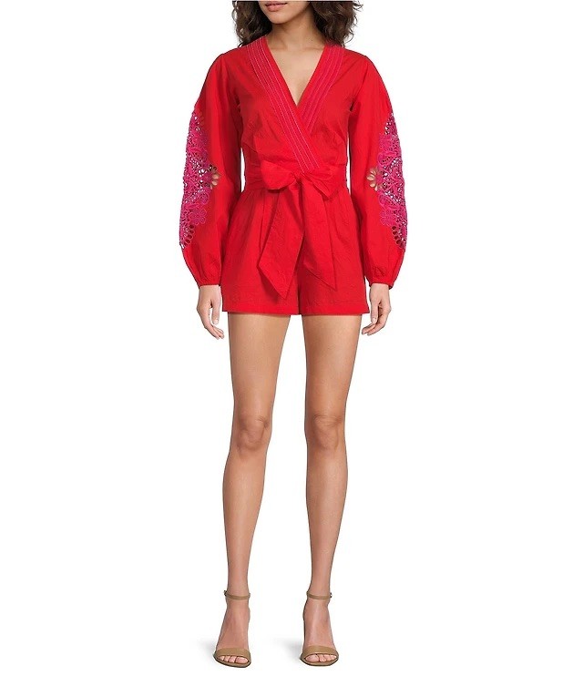 Chelsea & Violet Livvy V-Neckline Long Sleeve Crochet Detail Romper NWT Size L