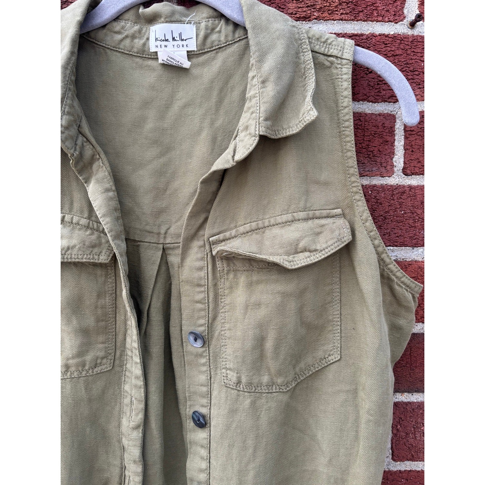 Nicole Miller New York Utility Romper Womens 4 Olive Green Linen Blend Safari