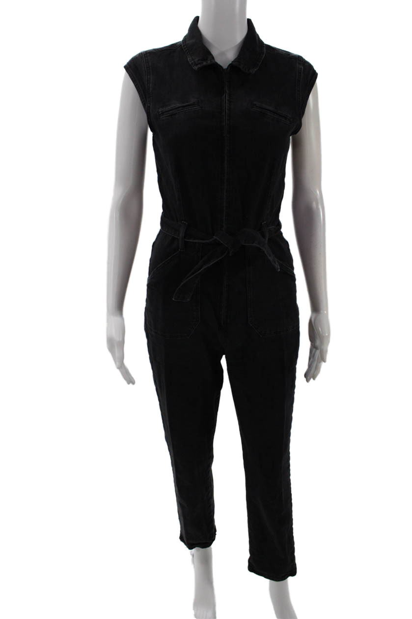 Paige Womens Collared Sleeveless Solid Black Jumpsuit Cotton Elastane Size 4
