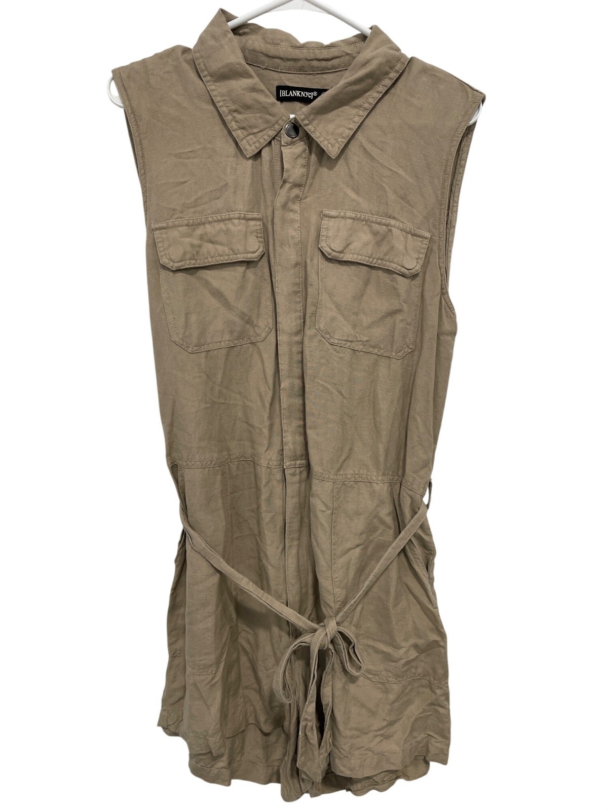 Blank NYC Romper Size Large Sleeveless Belted Tan Cargo Utility Safari Neutral