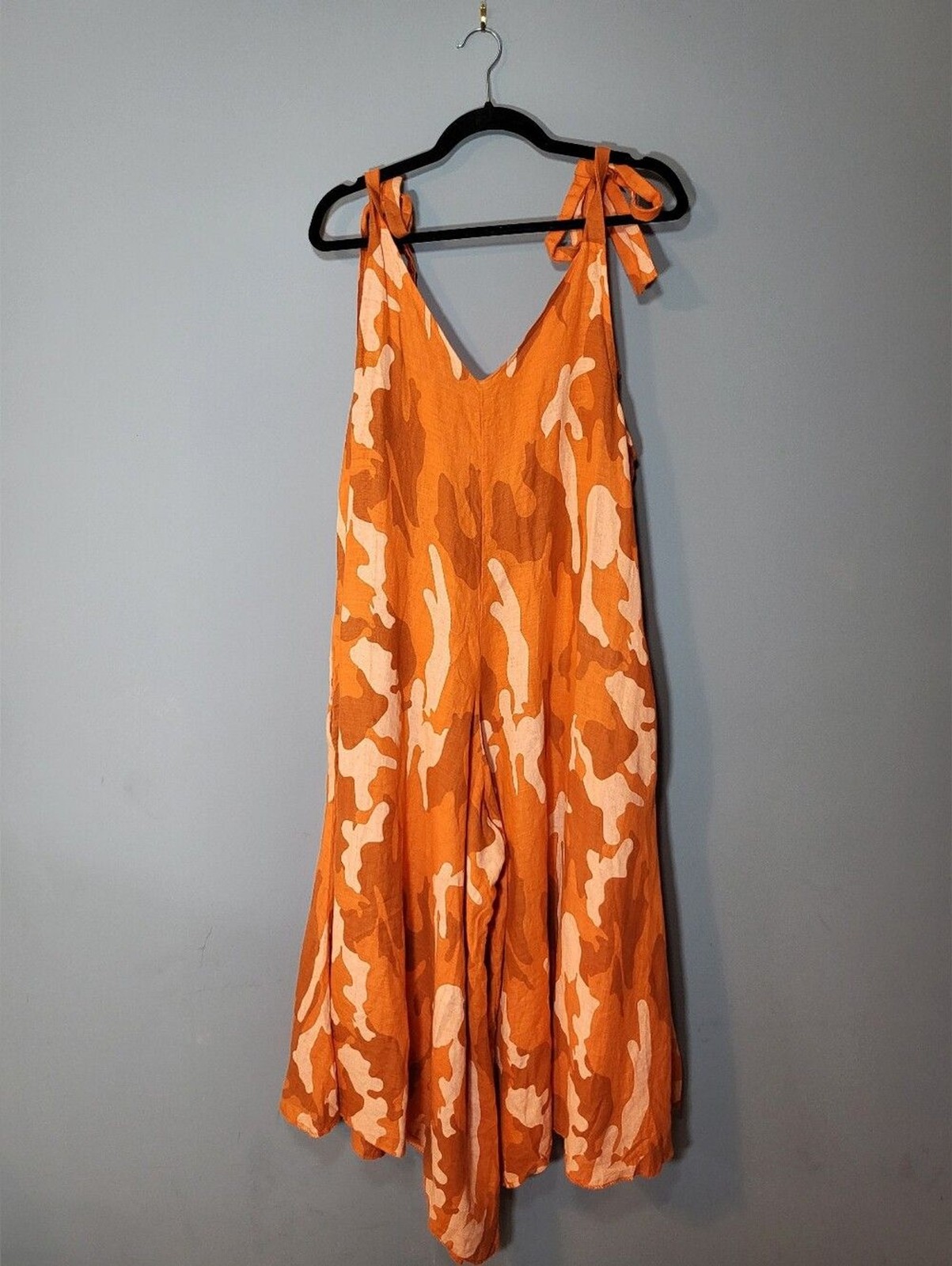 Italian Linen M/L Orange Tie-Strap Midi Wide Leg Jumpsuit Flowy Oversized
