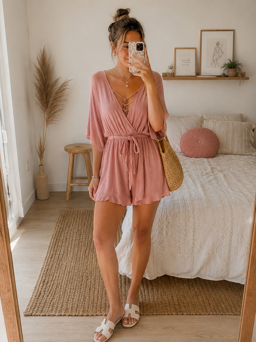 Boho Coquette Dusty Pink Romper Tie Waist Open Back Flowy Womens Large Y2K