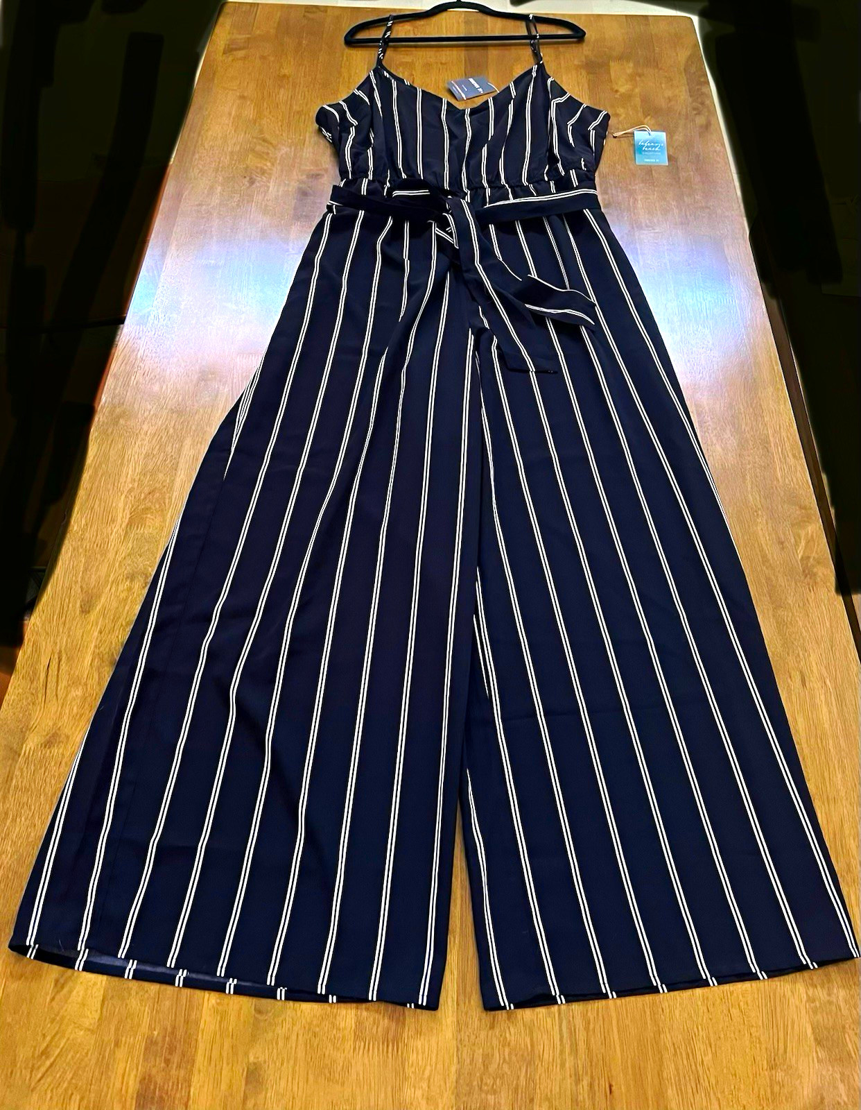 Forever 21+ Plus 3X Black White Striped V-Neck Wide-Leg Belted Jumpsuit