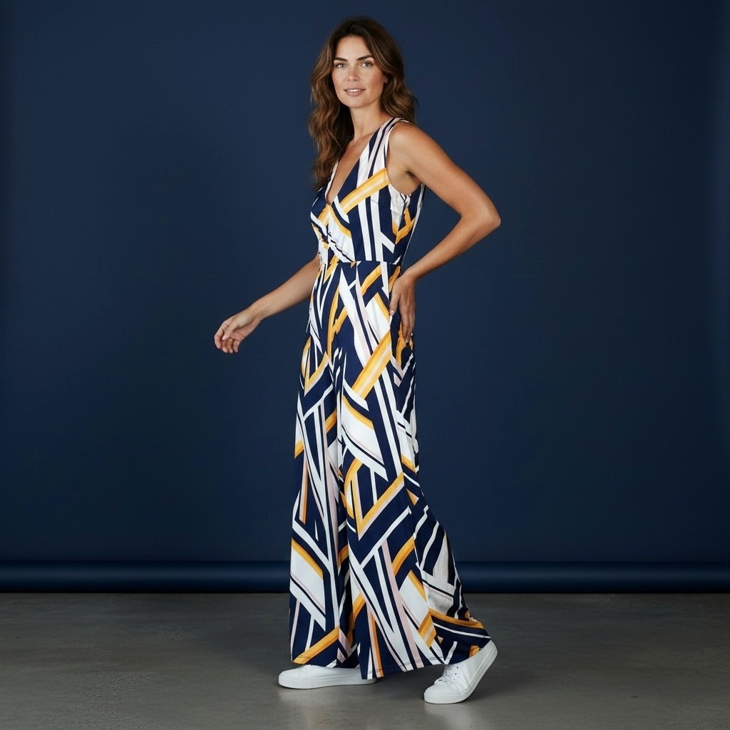 Patrizia Pepe Wide Leg Jumpsuit Women’s 4 Navy Geometric Print Palazzo V Neck