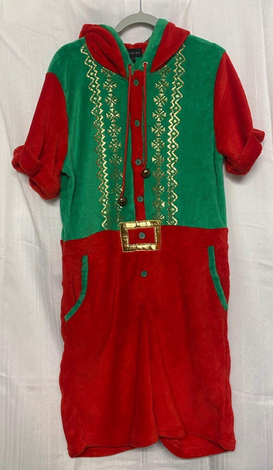 Blizzard Bay Men’s Elf Short Romper Jumpsuit W/ Hood/Bells/Pockets Medium