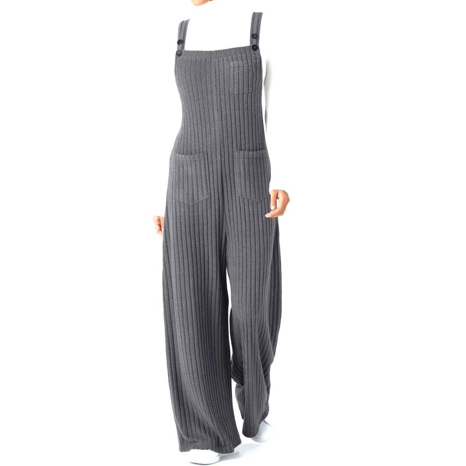 Halara Gray Ribbed Striped Wide Leg Jumpsuit Adjustable Straps XS NEW