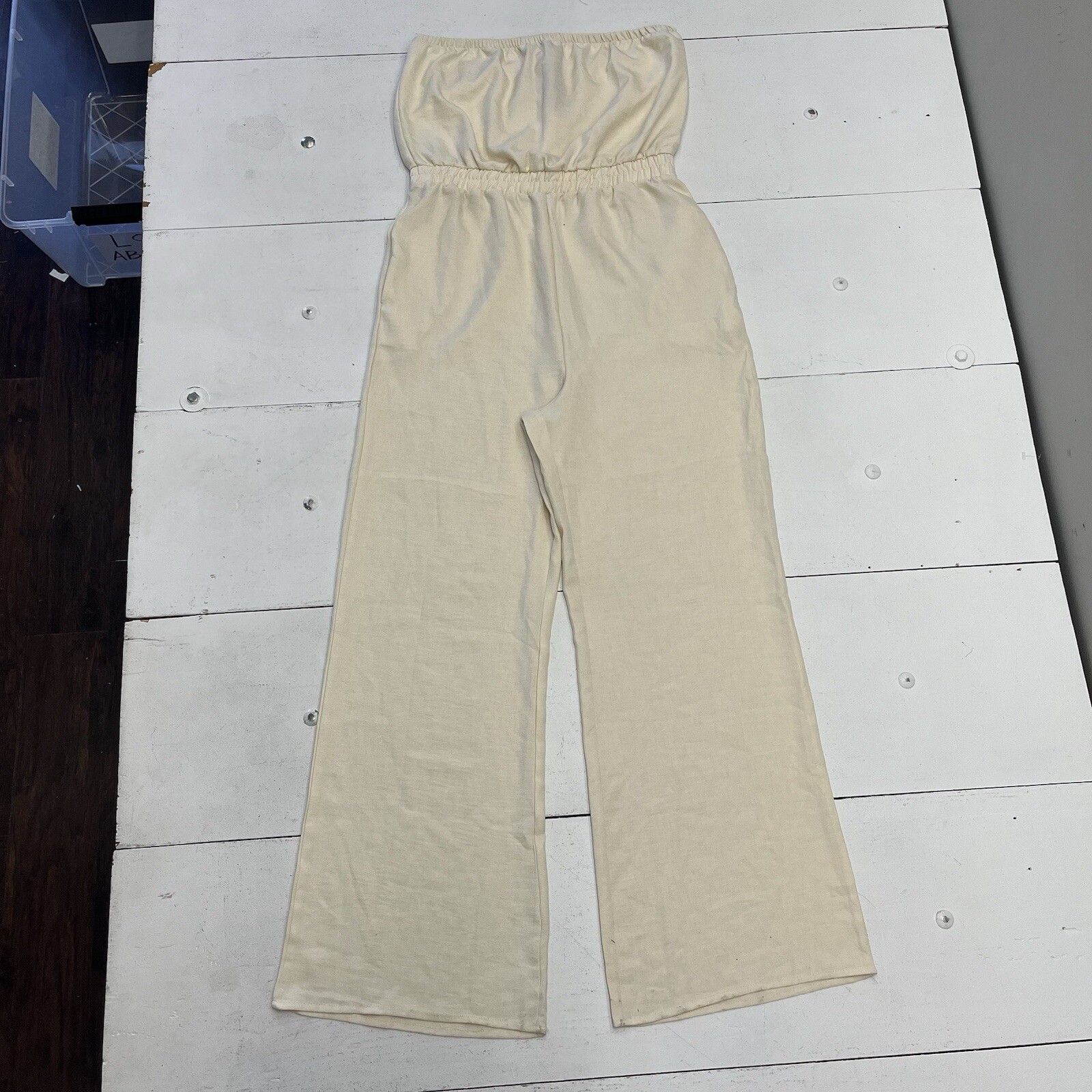 Guess Vanilla Blush Sandra Jumpsuit Tube Top Flare Leg Pant Women’s Size Large