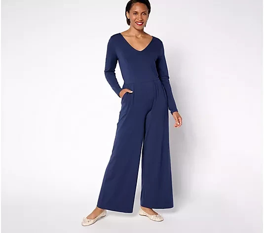 AnyBody Regular Cozy Knit Long-Sleeve V-Neck Jumpsuit, Navy Sz XL a669423