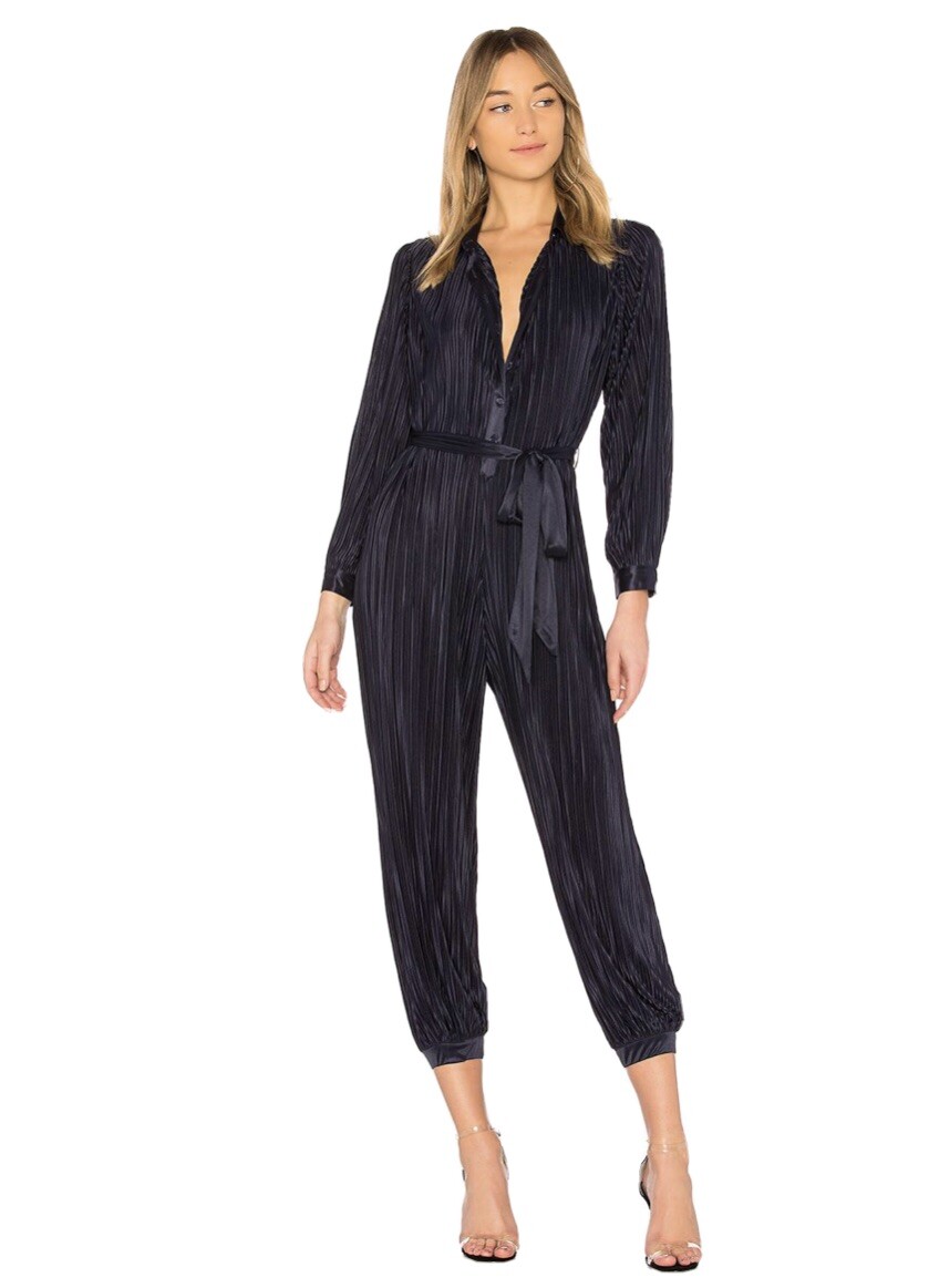 L’academie Perrine Jumpsuit Small Navy Fully Pleated Button Front NO SASH