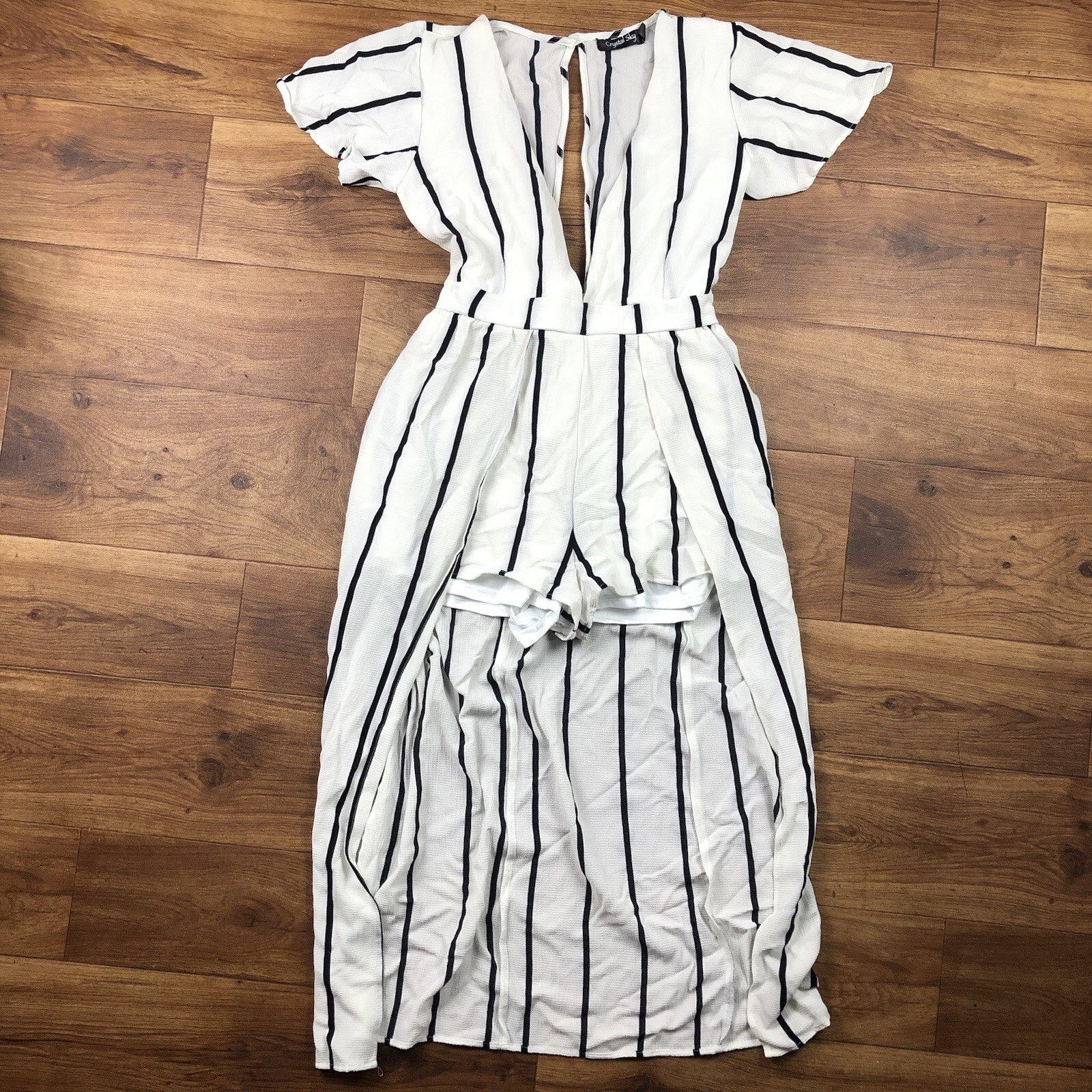 Crystal Sky Women Sz 9 White Black Striped Romper