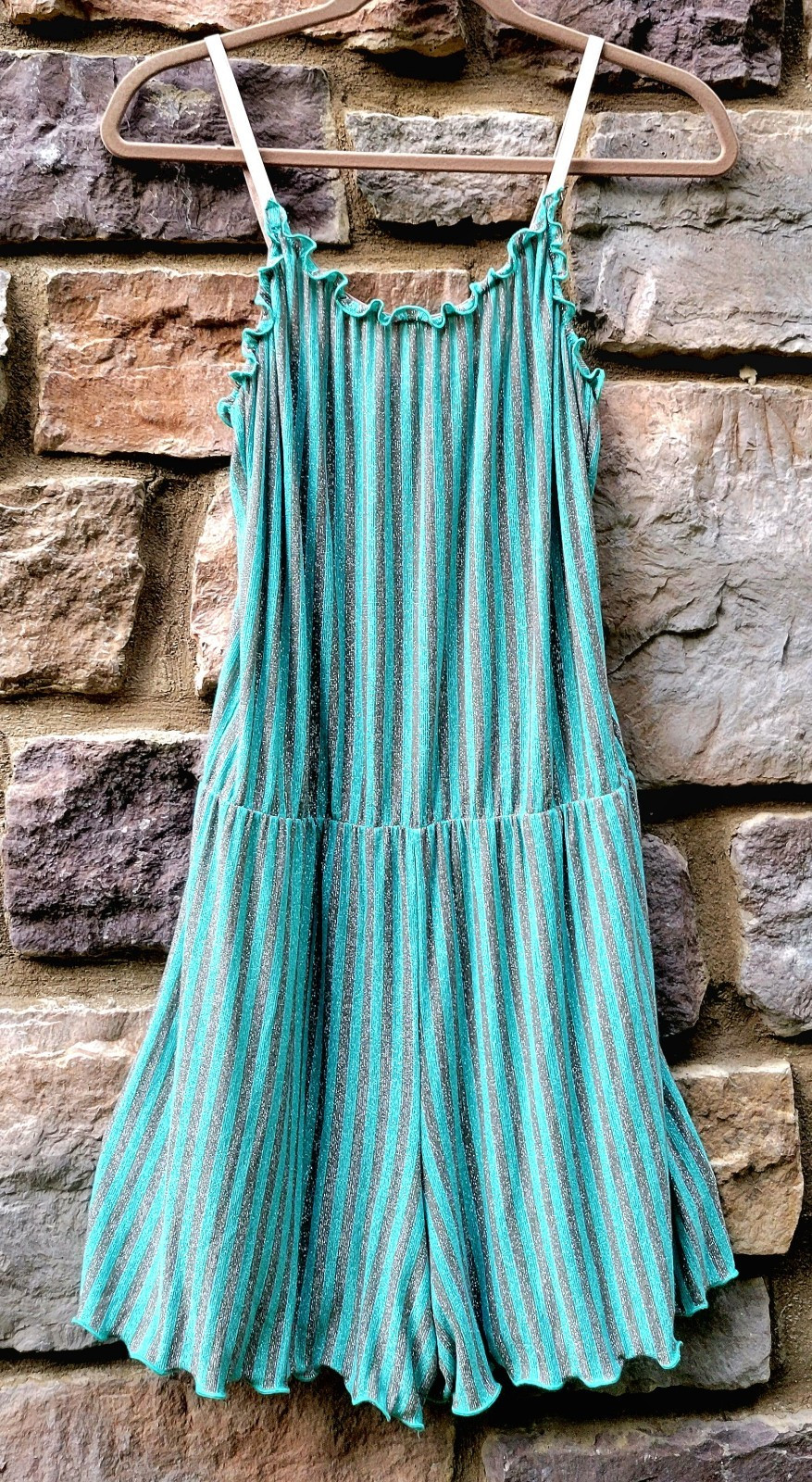 Momoni Italy Metallic Striped Romper Size M Turquoise Bronze Lettuce Edge Knit
