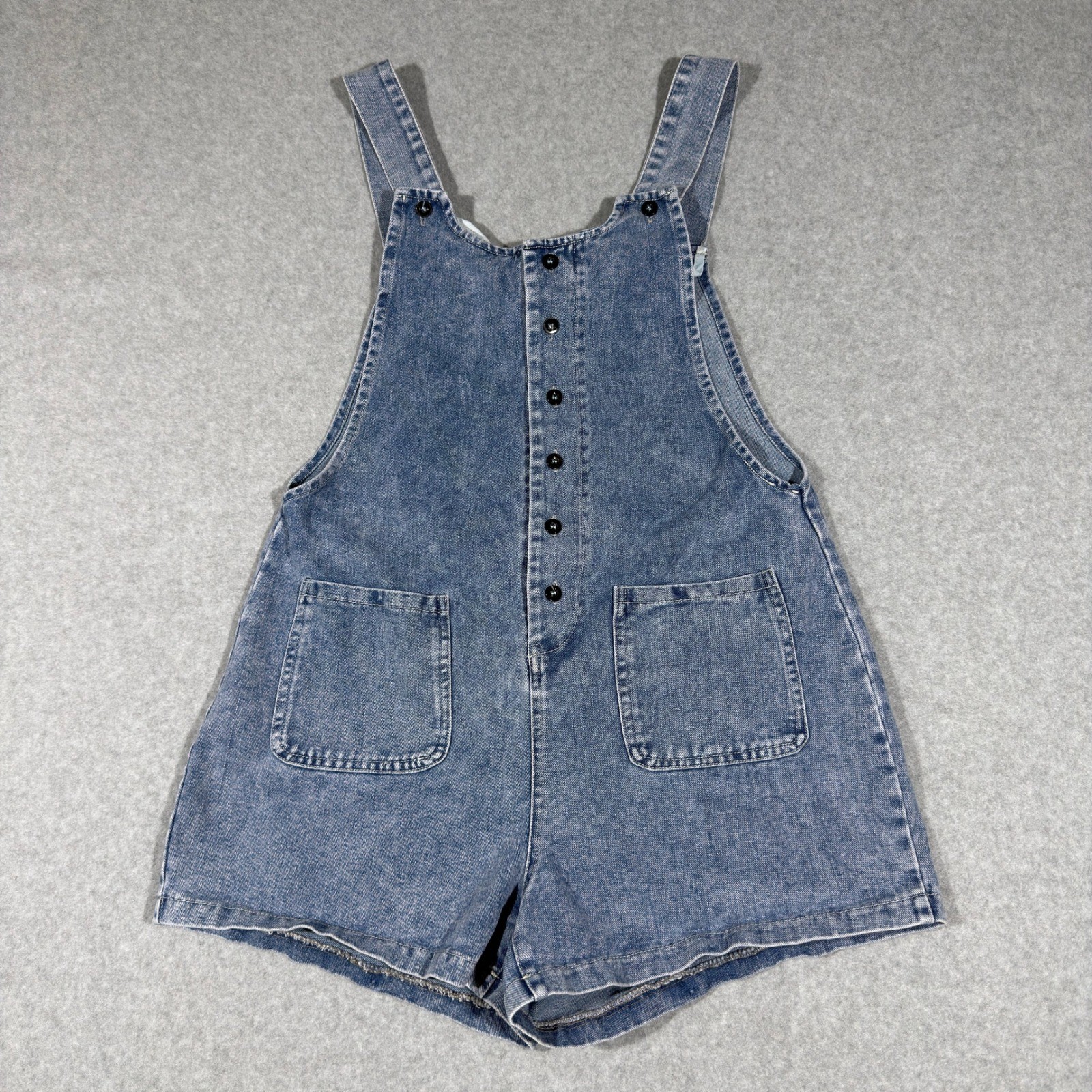 Denim Blue Acid Wash Short Romper Overalls Womens Size S Button Front Boho Indie