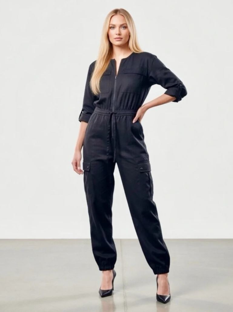 Athleta utility jumpsuit womens L Large black stretch pockets zip lyocell $149