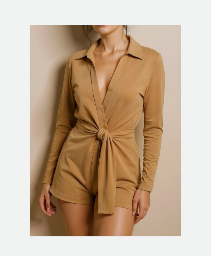 NWT Norma Kamali Romper Gold Poly Spandex Sash Belt Collared V-Neck SZ XS