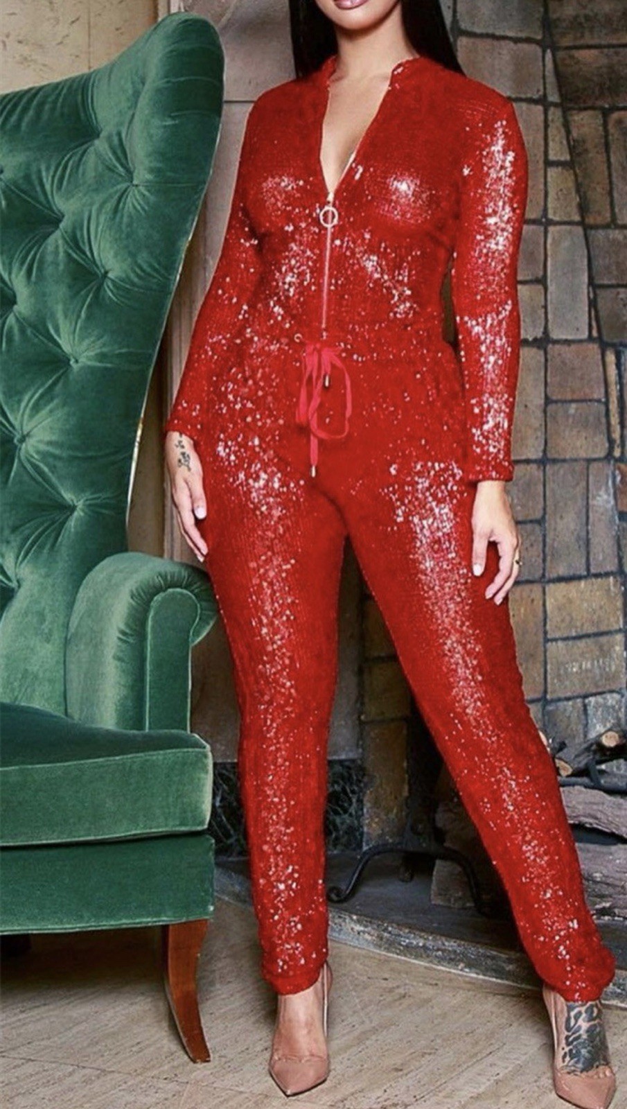 Red Sequin Mesh Long Sleeve Zip Jumpsuit, V-Neck, XL, Straight Leg, Party