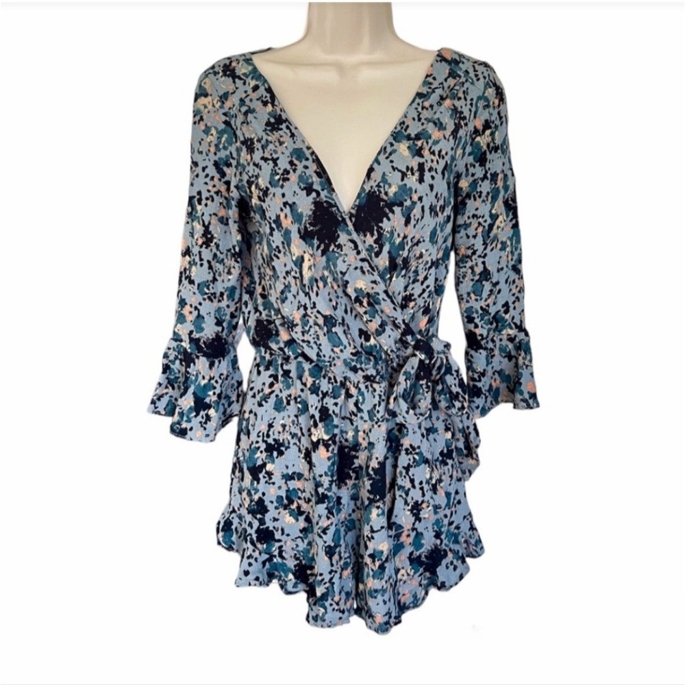 Free People All The Right Ruffles Blue Rain Romper Womens Size Large