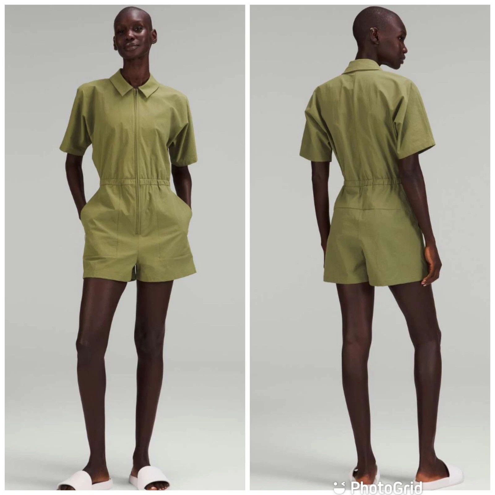 LULULEMON Lab Zip-Front Collared Short Sleeve Romper One-Piece Olive Green 12 L