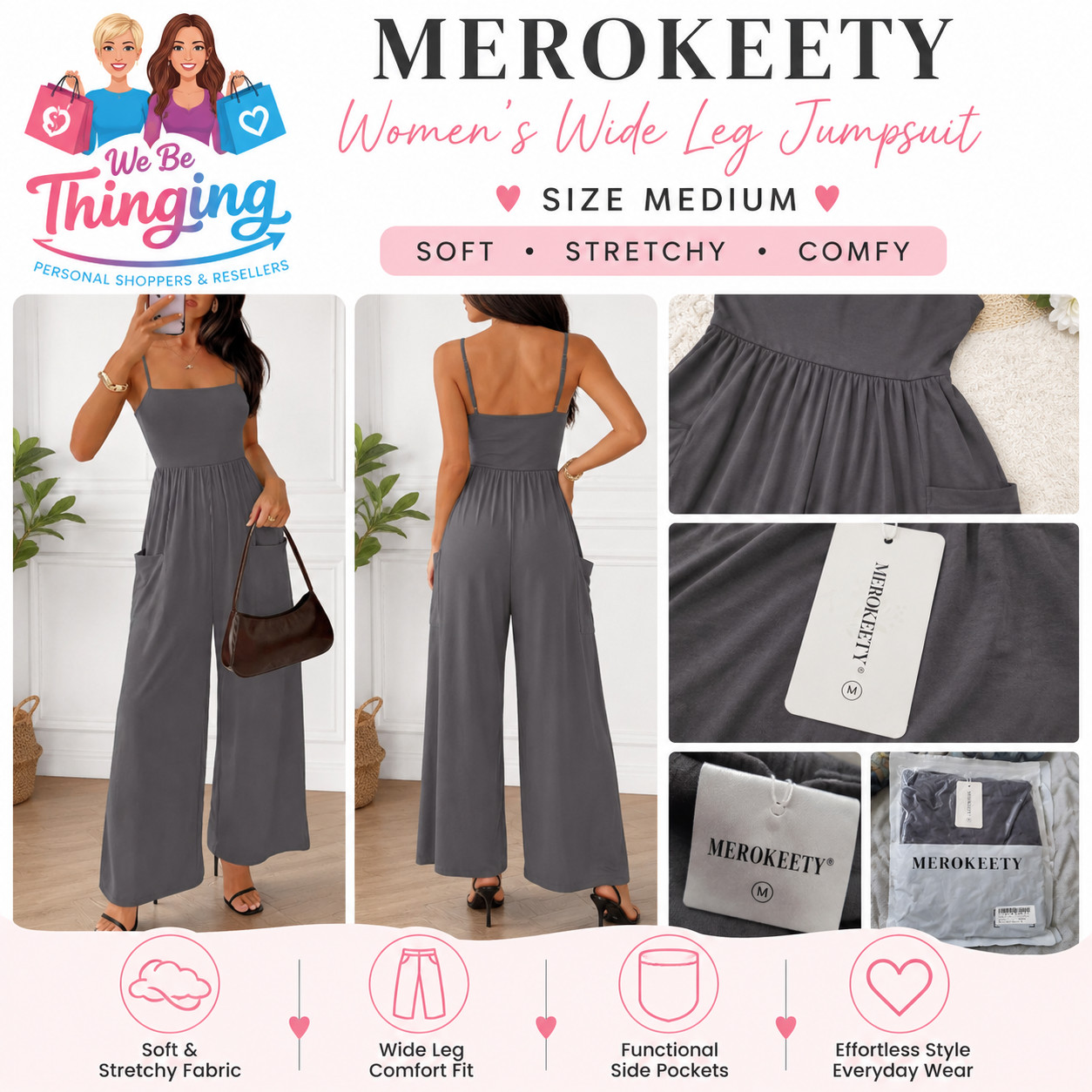 Merokeety Women’s Wide Leg Jumpsuit Gray Medium Sleeveless Pockets NWT