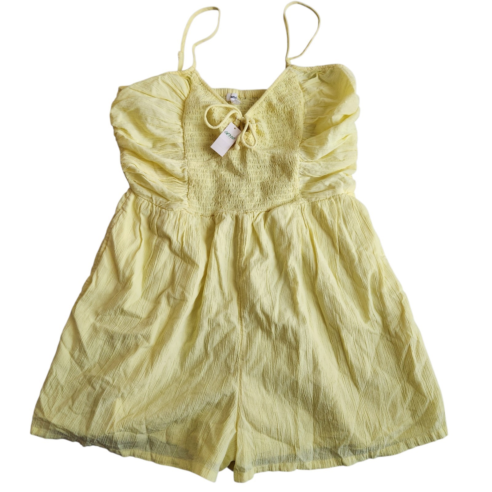 NWT Aerie Tie Neck Smocked Romper Shorts Women’s L Yellow Fairy Romantic Resort